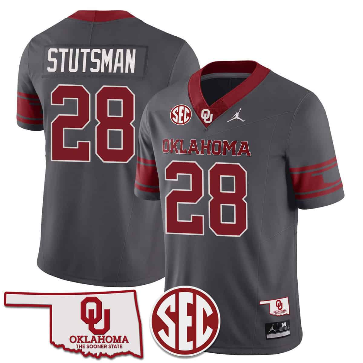 Men Oklahoma Sooners #28 Stutsman Grey 2024 SEC Patch Vapor Premier Limited NCAA Jersey